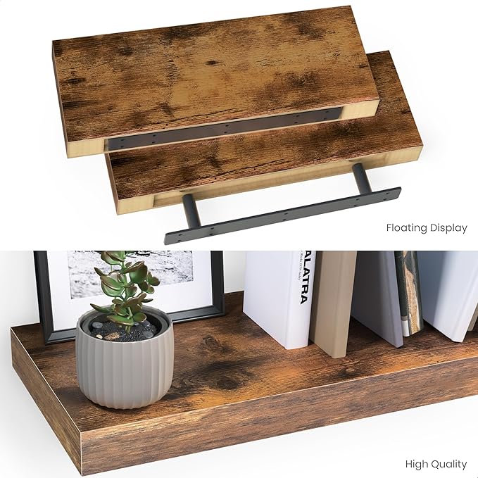 Ballucci Floating Shelves, 16" Wood Wall Shelf Set of 2, with Invisible Brackets for Bathroom, Living Room, Bedroom, Kitchen,