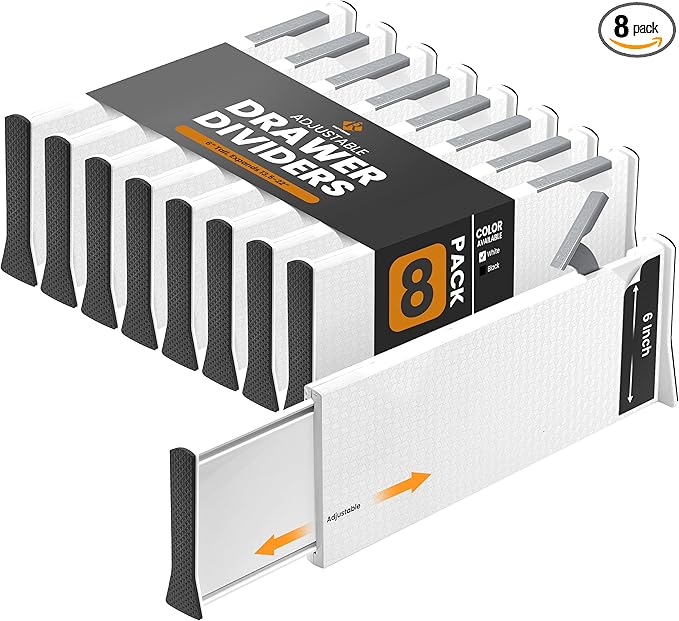 RAPTUROUS Adjustable Deep Drawer Divider – 6" Tall, Expandable 13-22", 8-Pack, Non-Slip Drawer Dividers for Clothes, Dresser,