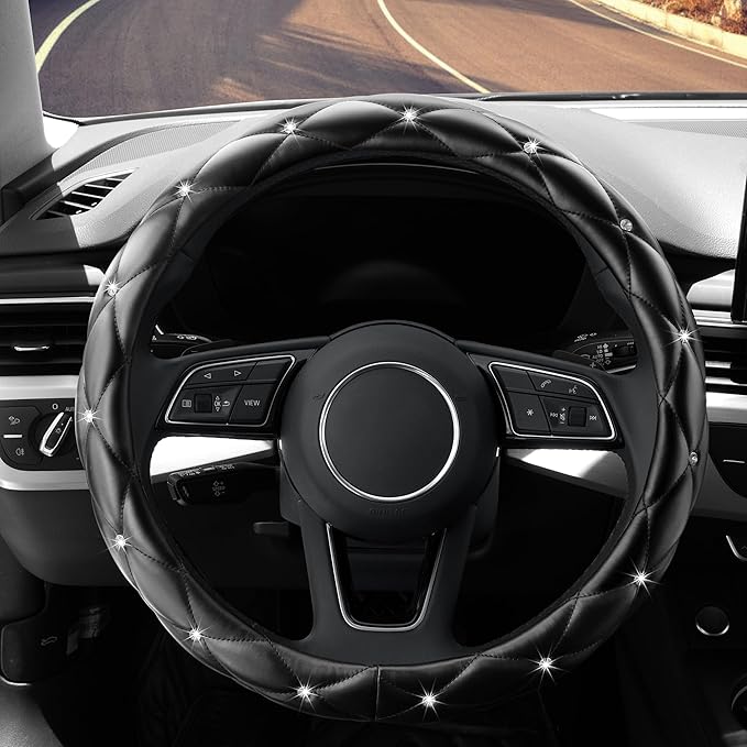 YOGURTCK Diamond Soft Leather Anti-Slip Steering Wheel Cover with Bling Bling Crystal Rhinestones, Universal 15 Inch for Wome