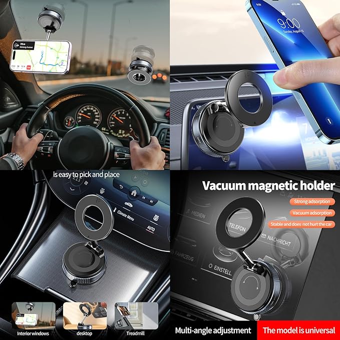 Vacuum Magnetic Phone Holder for Car Phone Holder 360° Adjustable Car Phone Mount for Magsafe Cell Phone Holders for Your Car for iPhone 16 Pro Max 15 14 13 12 Plus & Android (Black)