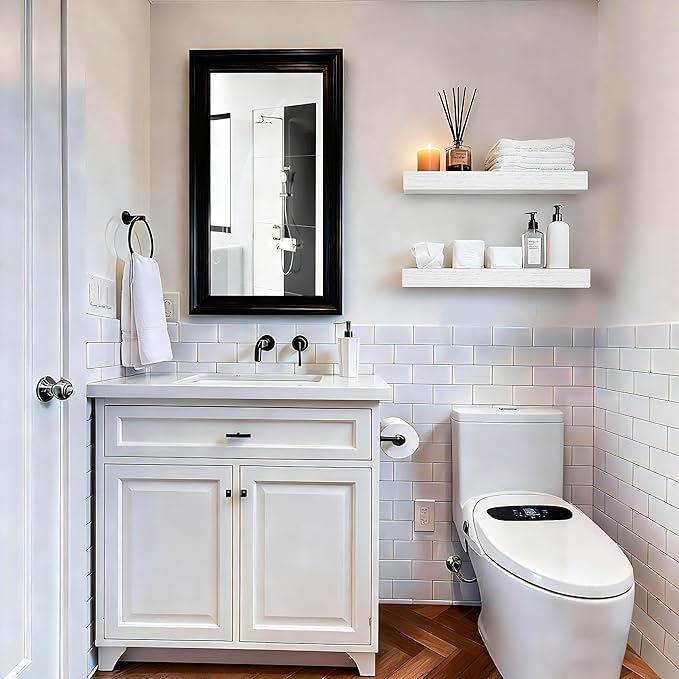 Set of 3 Farmhouse Solid Wood Floating Shelves 15.7 inch White Wall Mounted Storage Shelves for Bathroom Over Toilet, Bedroom