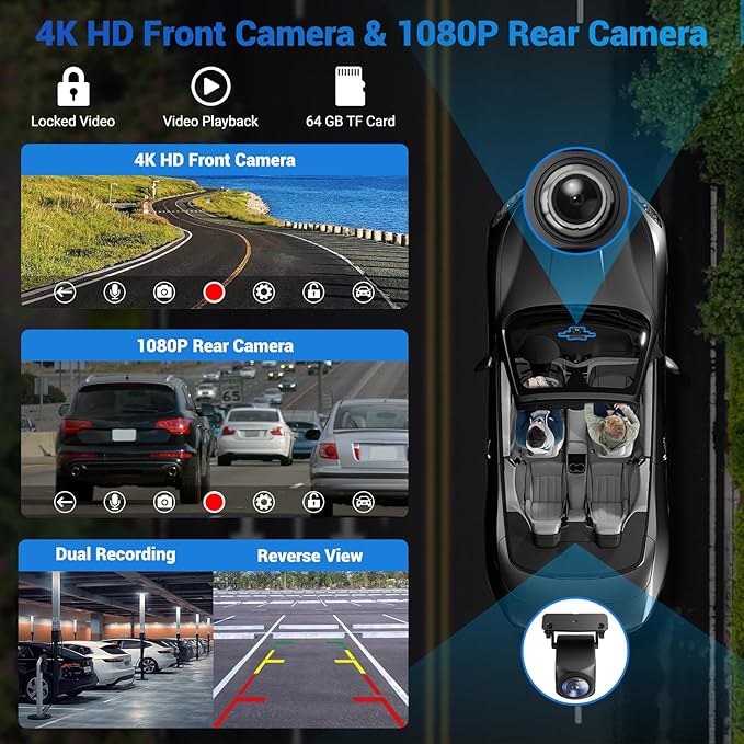 Wireless Apple Carplay Screen for Car with 4K Dash Cam, 10.26" Portable Apple Carplay & Android Auto, HD Touchscren with 1080