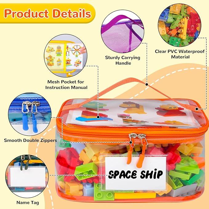 Tesuko 6 Pack Clear Toy Storage Bag with Name Tag& Manual Pocket, Waterproof Transparent PVC Toy Organizer Case for Lego Bric
