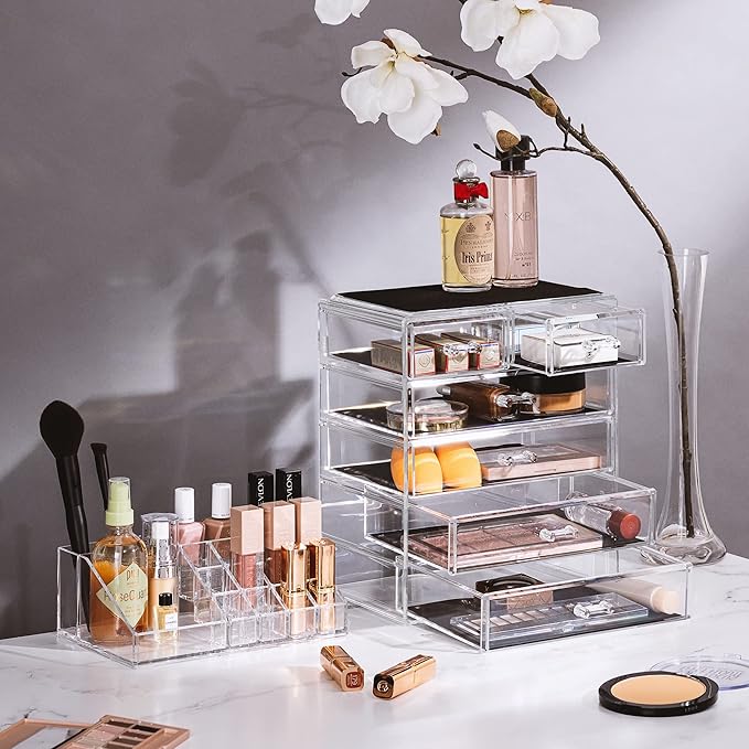 Sorbus Acrylic Makeup Organizer Set, 6-Drawer Vanity & Countertop Cosmetic Storage with Small & Wide Compartments, Clear Make