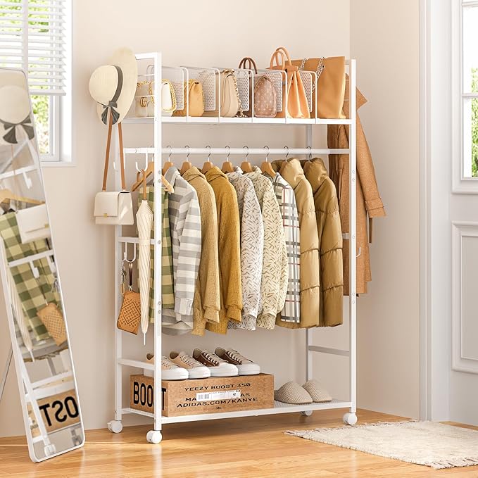 Portable Clothes Rack with Adjustable Shelf Divider, Freestanding Closet Organizers and Storage, Garment Rack and Purse Stora