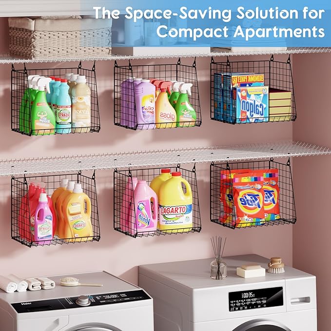 3-Pack Extra-Tall 13.6'' Hanging Laundry Basket Organizer, Foldable Wire Shelf with 360° Rotating Hooks & Reinforced Height -