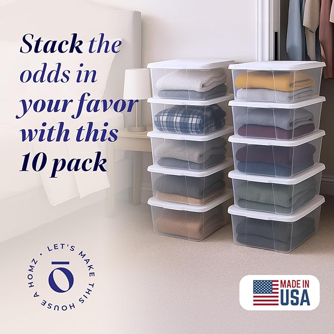 HOMZ 10-Pack Snaplock, Small Clear Plastic Storage Organizer Bins w/ Lids, 6 Quart, White - Stackable Container Boxes for Bed