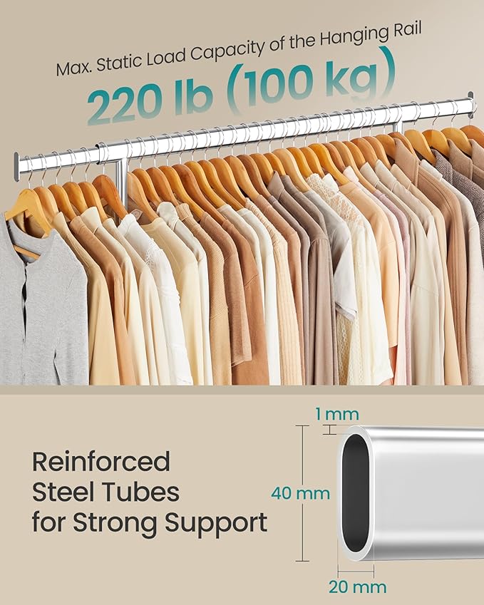 SONGMICS Clothes Rack with Wheels, Heavy-Duty Clothing Rack for Hanging Clothes, Portable, 17.7 x (36.2-52) x 63.6 Inches, wi