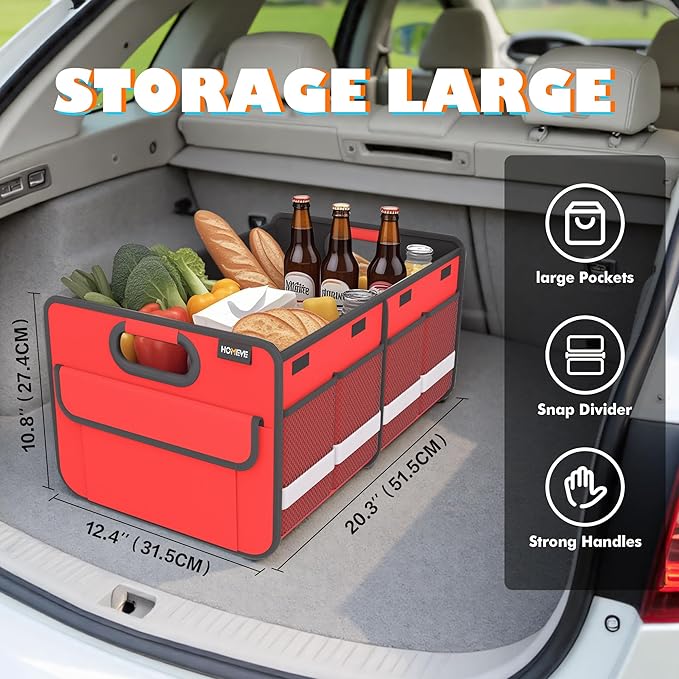 Homeve Trunk Organizer, Car Storage, Reinforced Handles, Collapsible Multi-Compartment Car Organizers, Foldable, Waterproof, 2 