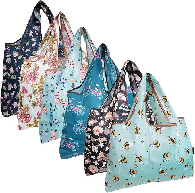 allydrew Large Foldable Tote Nylon Reusable Grocery Bags, 6 Pack