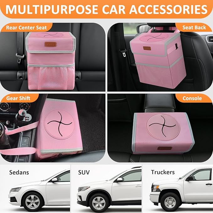 3 Gallons Car Trash Can with Lid, Car Trash Bag Bin Hanging Waterproof Automotive Garbage Cans Leak Proof Vehicle Trash Can Pink