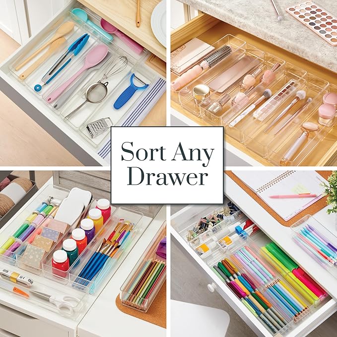 STORi SimpleSort 6-Piece Stackable Clear Drawer Organizer Set | 12" x 3" x 2" Rectangle Trays | Narrow Makeup Vanity Storage 