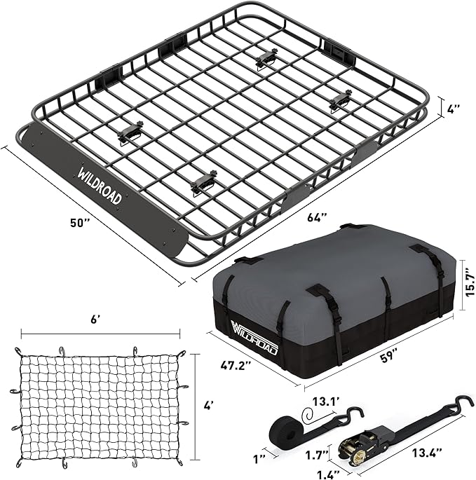 WILDROAD Roof Rack Cargo Basket, Upgraded 4” Fence Wide Car Roof Basket Combo, 64"x 50"x 4" Universal Roof Cargo Carrier Basket with Cargo Bag, Cargo Net and Ratchet Straps Fits for SUV Truck Cars