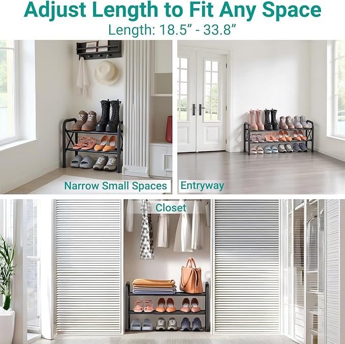 YEASHEIN 2-Tier Expandable Shoe Rack for Closet Floor, X-Frame Metal Small Shoe Rack for Entryway, Adjustable Shoe Shelf Orga