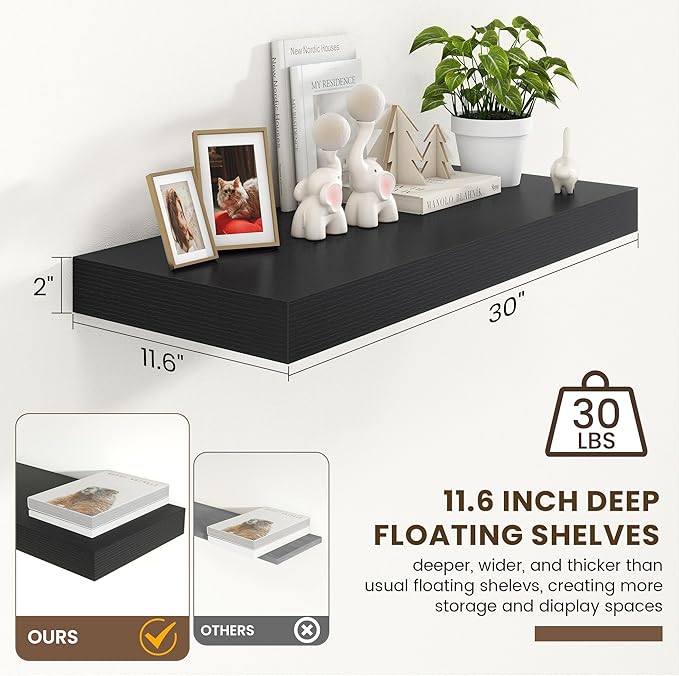 30 Inch Floating Shelves | 12 Inch Deep Black Floating Shelves | 30" W x 12" D Rustic Wood Shelves for Wall | Deep Black Shel