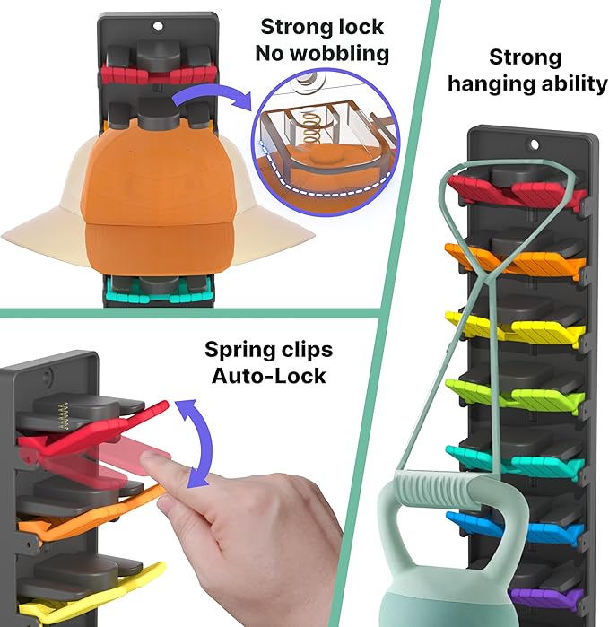Hat Organizer for Baseball Caps 2 Packs with Built-in Spring Clips - Wall Mount Closet Hat Rack Holder, Adjustable Storage fo