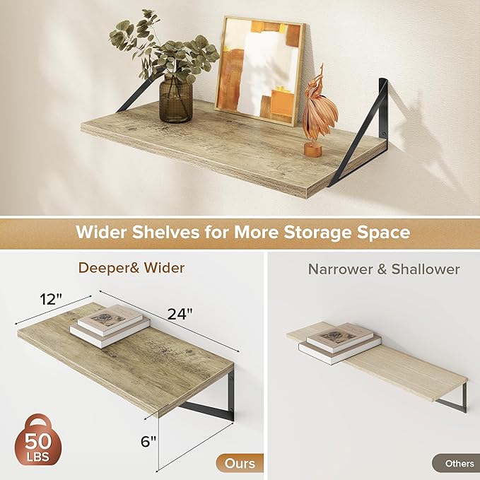 Deep Floating Shelves Wall Mounted, 24"x12" Gray Wall Shelves with Brackets Set of 2 for Bedroom, Living Room, Bathroom, Kitc