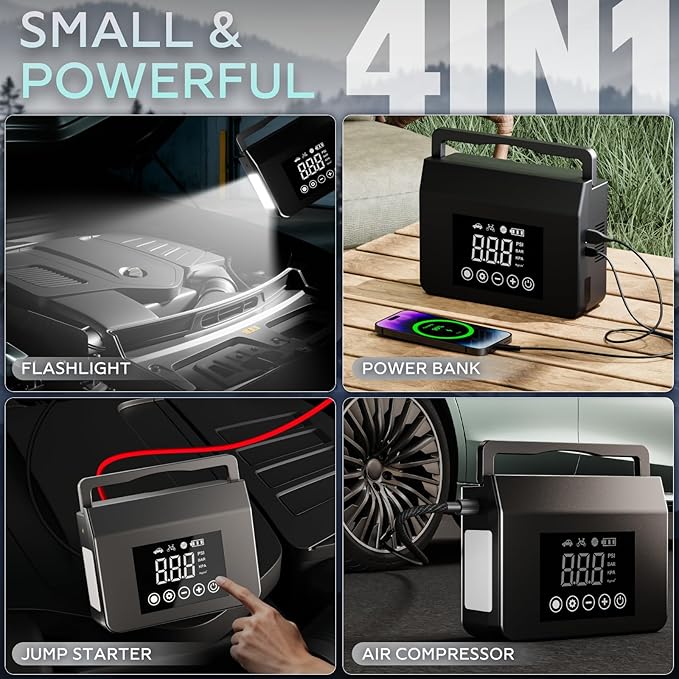Hieha 4000A Portable Jump Starter with Air Compressor, 12V Car Battery Power (All Gas 8L Diesel) with 150PSI Tire Inflator
