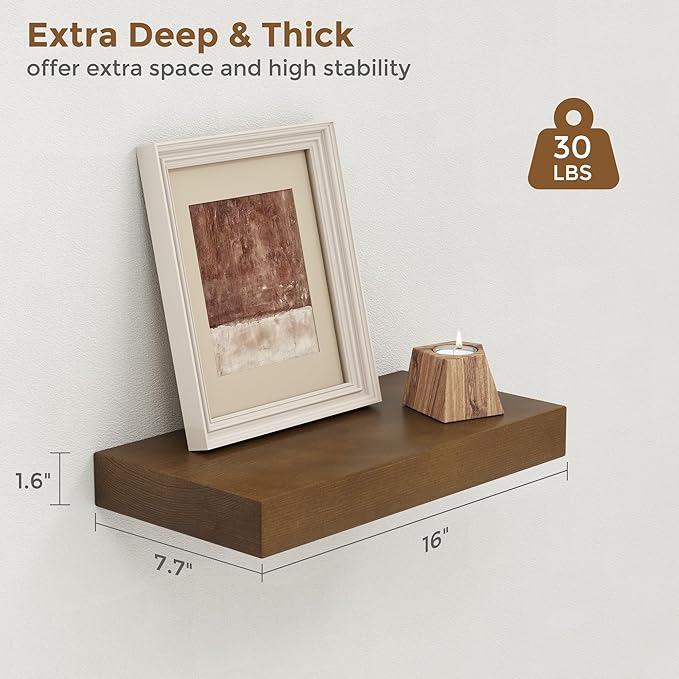 Marsmiles Wood Floating Shelves | Rustic Dark Wood Wall Shelves Set of 2 | 16" W x 7.7" D x 1.6" H Dark Wooden Shelves for Ba