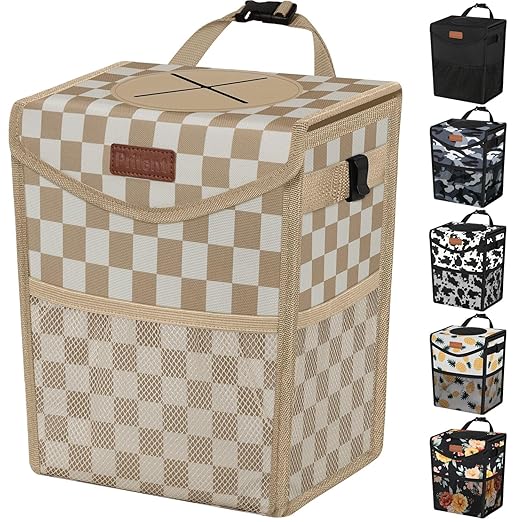 Car Trash Can with Lid, Cute Leakproof Car Trash Garbage Bag Hanging Vehicle Trash Bin Small Portable Automotive Garbage Cans Organizer for Back/Front Seat(Trapezoid,Khaki Checkered)