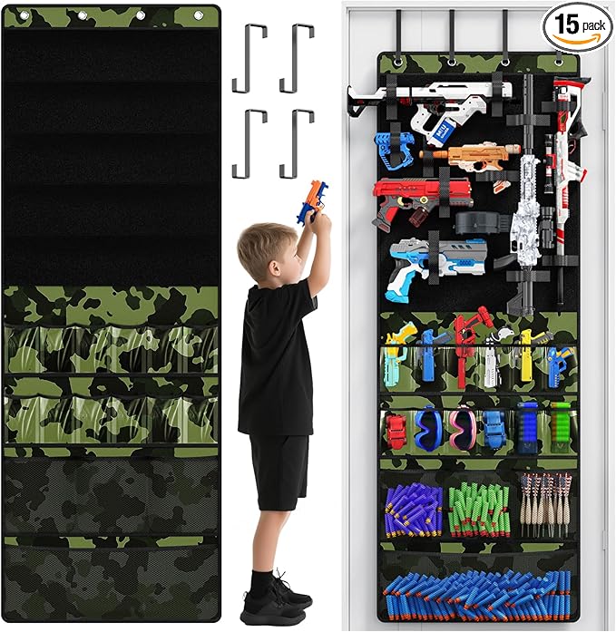 Over the Door Organizer for Toy Guns, Toy Gun Storage Organizer with Pockets and Slots for Kids Foam Blasters, Darts, Goggles