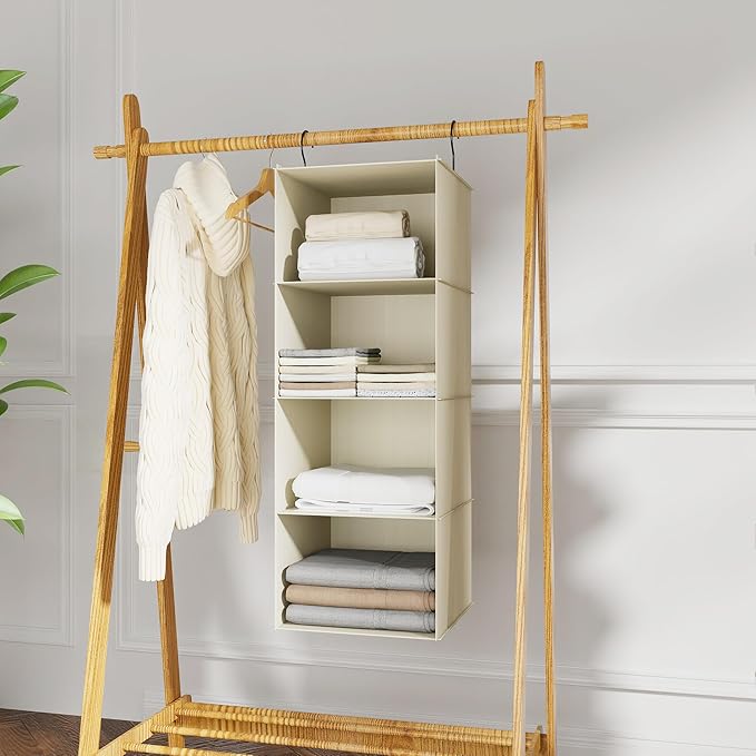 Hanging Closet Organizer, Easy Mount Foldable 4-Shelf Hanging Closet Wardrobe Storage Shelves, Clothes Handbag Shoes Accessor