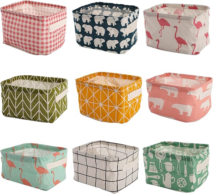Lawei 9 Pack Mini Canvas Storage Bins - Collapsible Canvas Shelf Basket Nursery Organizer Box with Handles for Nursery Kids B