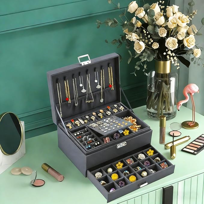 QBestry 3-Layer Jewelry Box for Women with Lock and Key & Drawer, Large Jewelry Organizer with 8 Necklace Hooks & 56 Earring 