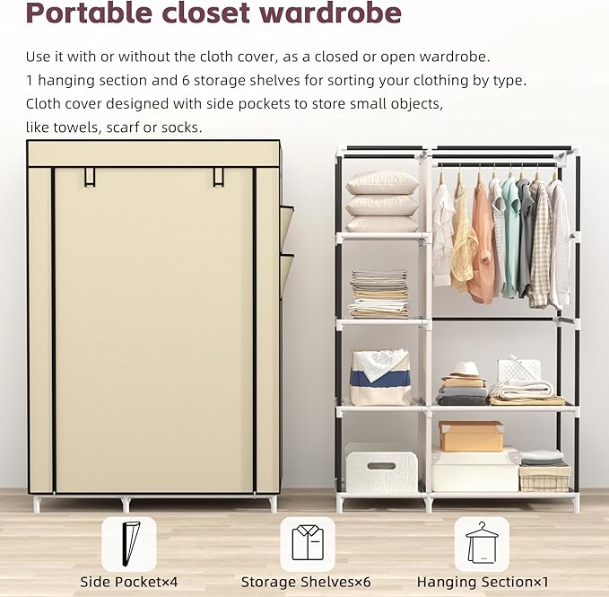 Calmootey Portable Closet Organizers, Clothing Storage, Wardrobe with 6 Shelves and Hanging Rod, Non-Woven Fabric Cover with 