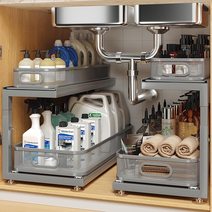 2-Pack 21.3 IN Depth Under Sink Organizer With Next-Gen Ball-Bearing Slides,Sophisticated Mesh 2-Tier Pull Out Shelf for Kitc