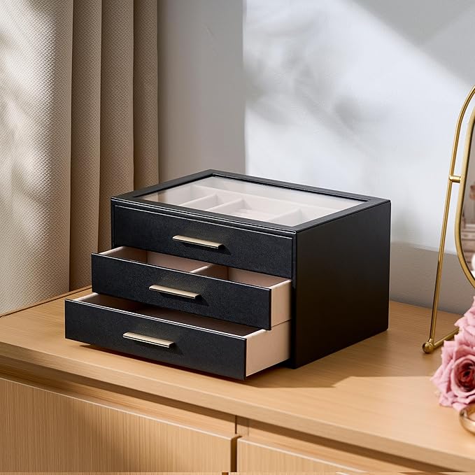 pickpiff Jewelry Box Organizer Case for Women: 3-Layer Jewelry Storage Case with Glass Window, Black Leather with Blush Velve