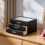 pickpiff Jewelry Box Organizer Case for Women: 3-Layer Jewelry Storage Case with Glass Window, Black Leather with Blush Velve