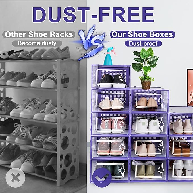 Kuject Shoe Organizers Storage Boxes for Closet, 12 Pack Clear Plastic Stackable Storage Bins with Lids, Under Bed Shoe Conta