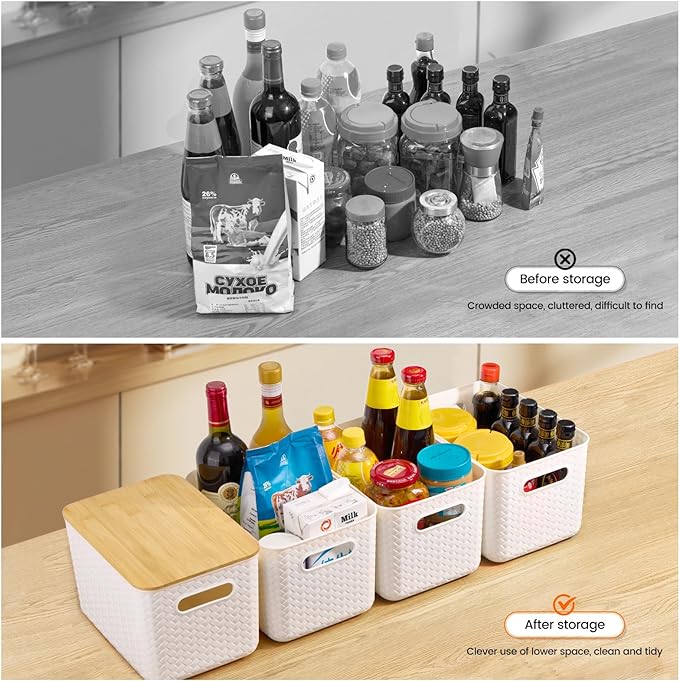 Ohmlove 4 Packs Storage Bins with Bamboo Lids - Plastic Storage Containers with Lids Stackable Storage Box：Storages Baskets f