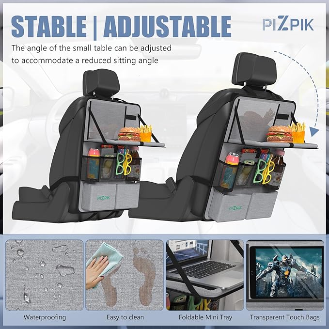 Car Backseat Organizer with Tablet Holder,11 Storage Pockets with Foldable Food Tray, Protector Kick Mats for Kids, Travel Accessories Organizer (Gray, 1Pack with Food Tray)