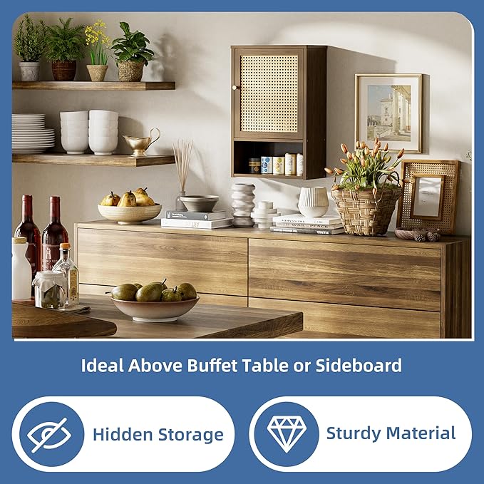 HITNET Bathroom Cabinet Wall Mounted, Medicine Cabinet with Single Rattan Door, Bamboo Hanging Storage Organizer Over Toilet,