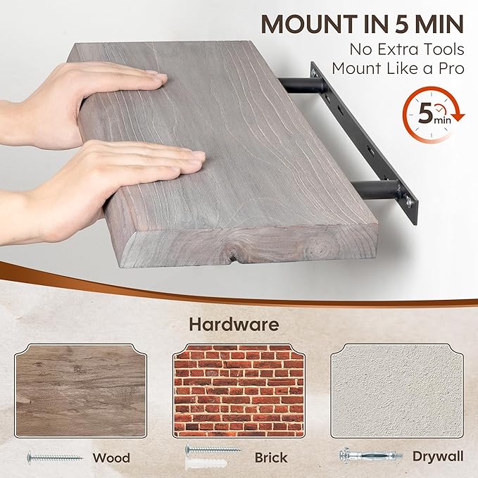 Live Edge Floating Shelves Set of 2, 32 Inch Solid Elm Wood Wall Shelves - Invisible Bracket Mount for Living Room, Bedroom, 