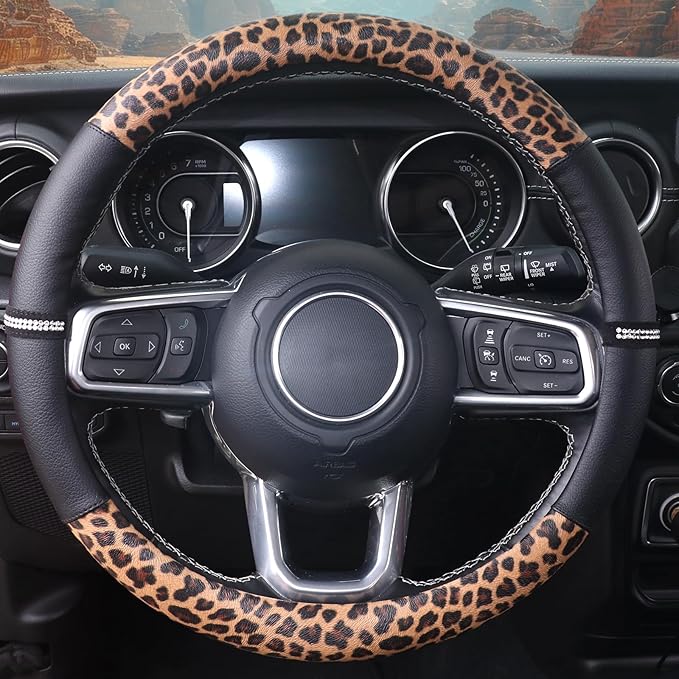 Leopard Steering Wheel Cover Leather 14.5-15 Inch, Bling Rhinestones, Anti-Slip Design, Universal Fit for Cars, SUVs, Cute De
