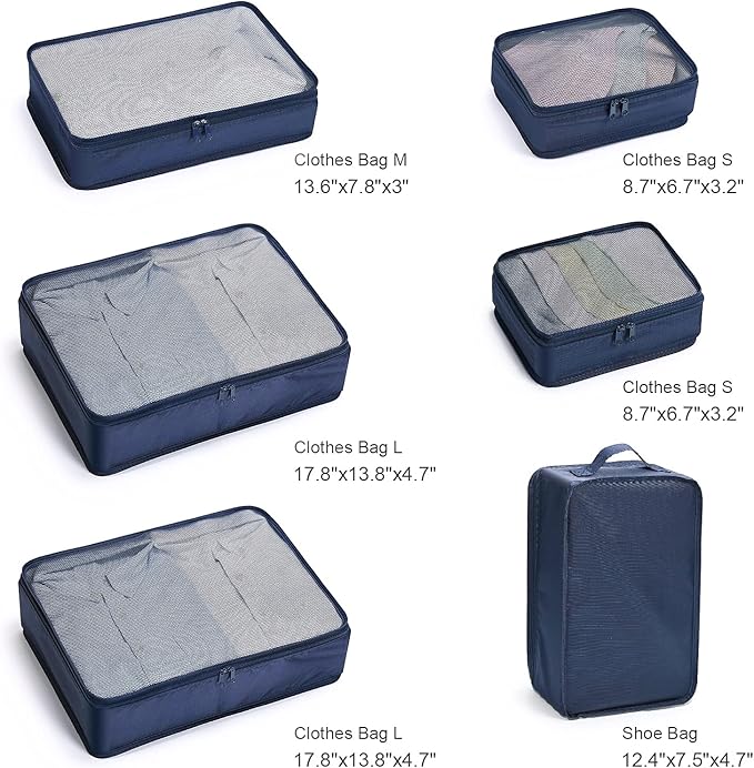 Mossio 6 Set Packing Cubes with Shoe Bag - Lightweight Travel Luggage Suitcase Organizers