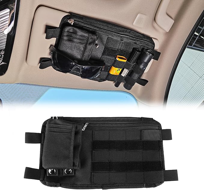 1 Pack Multi-Functional Car Sun Visor Organizer With Micro ID Carrier Pocket, Molle Tactical Visor Organizer Bag,Truck Visor Organizer Auto Accessories Sunglass Holder
