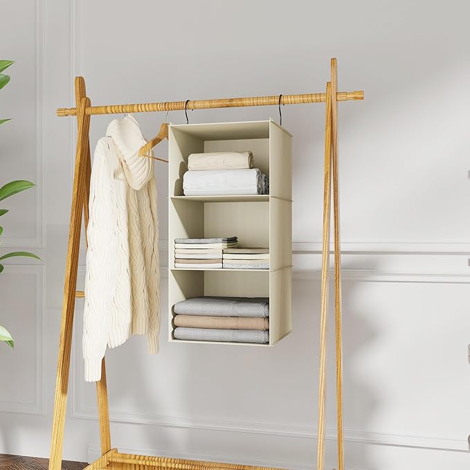 Hanging Closet Organizer and Storage 3-Shelf, Easy Mount Foldable Hanging Closet Wardrobe Storage Shelves, Clothes Handbag Sh
