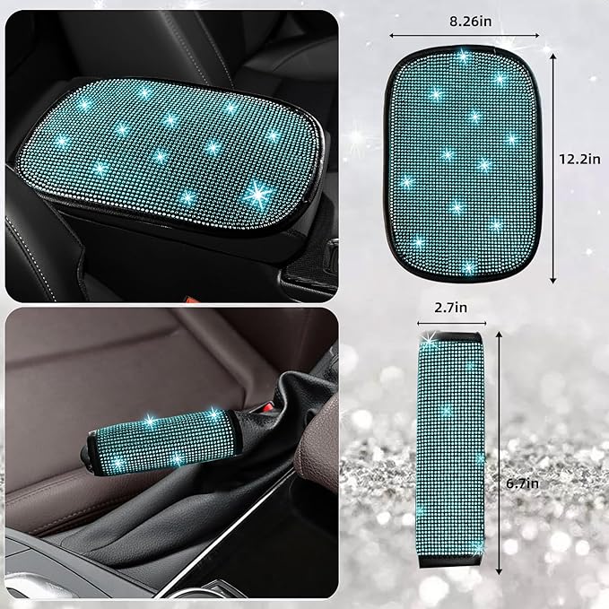 NBTEPEM 30 Pcs Aquamarine Bling Car Accessories Set for Women, Steering Wheel Cover Set, Bling Console Cover, Seat Belt Cushion, Shift Knob Cushion, Cup Coaster, Rhinestone Car Hanging Accessories
