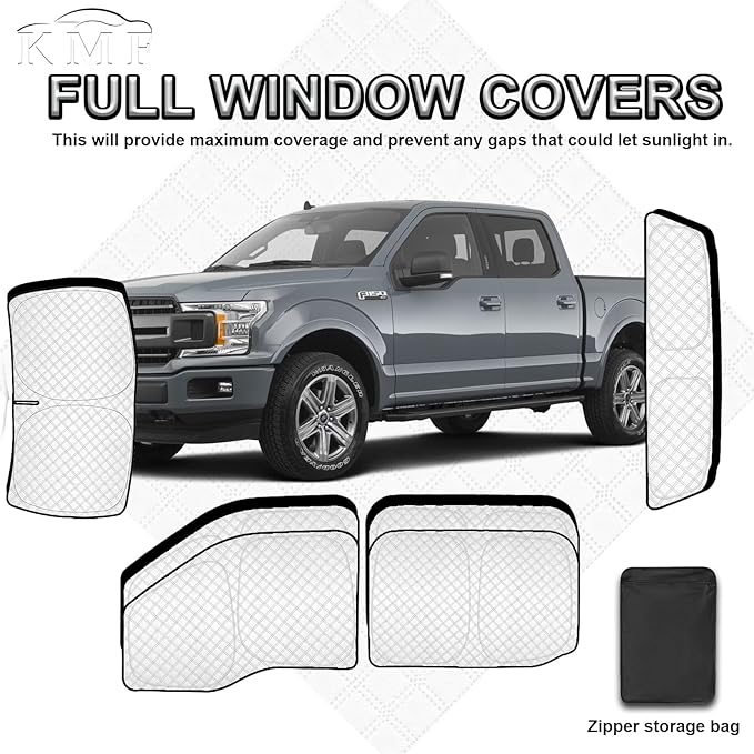 KMF 6pcs Thicken Full Window Sun Shades for Ford F-150 2015-2020 Accessories, F150 Privacy Car Window Covers for Windshield Side Rear, UV Block and Blackout for Camping Outdoor