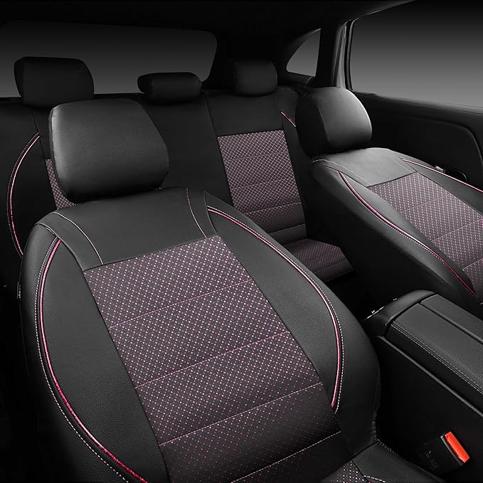 CAR PASS Piping PU Leather Car Seat Cover Full Set,Inside Zipper Design and Reserved Opening Holes，Airbag Compatible,Universal FIT for Car, SUVs,Van,Trucks（Full Set, Black & Pink）