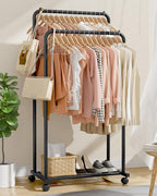 Sakugi Clothes Rack - Clothing Rack with Storage Mesh Shelf & Casters, Heavy-Duty Metal Clothing Rack for Hanging Clothes, Dr