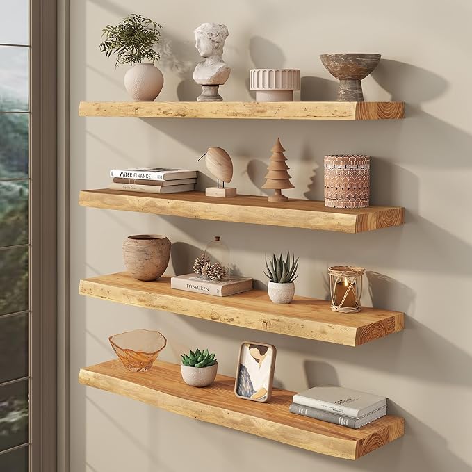 fuqing Live Edge Floating Shelves for Wall 30 inch, 8 Inch Deep Solid Elm Wood Floating Wall Shelves - Rustic Wooden Shelves 
