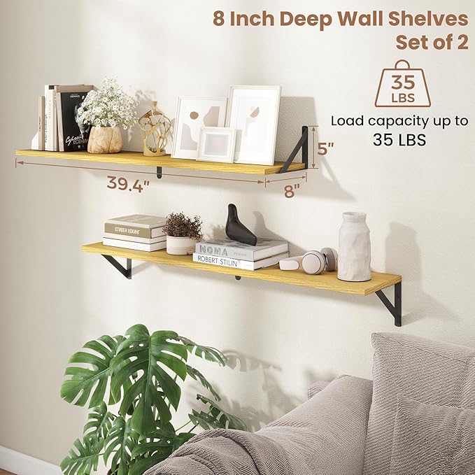 Axeman 40 Inch Floating Shelves | 8 Inch Deep Oak Wall Shelves Set of 2 | 39.4W x 8D Rustic Wood Shelves for Bookshelf Living