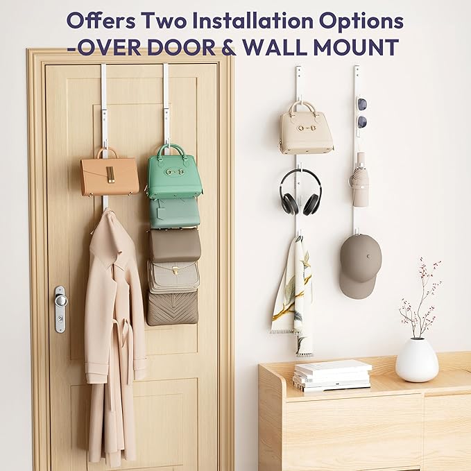 SWTYMIKI Over the Door Purse Organizer - 2 Packs Wall Mounted Purse Rack with 5 Hooks Design, Hanging Handbag Organizer Stora