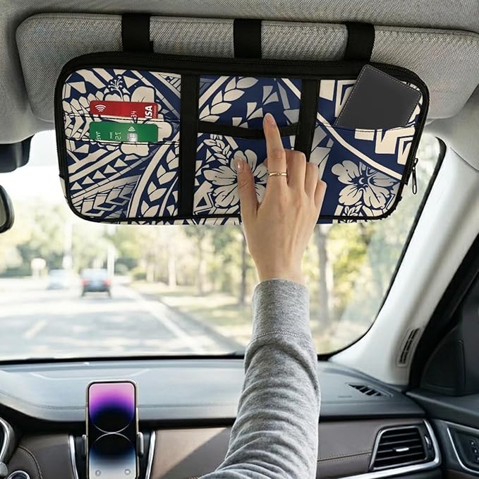Floral Zippered Car Sun Visor Organizer with Picture Holder and Multi-Pocket Visor Storage Organizer for Truck with Adjustable Straps Easy Installation Universal Fit for Most Cars SUV