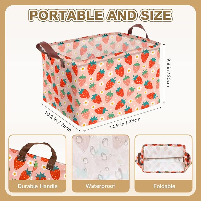 Strawberry Storage Basket Waterproof Canvas Toy Storage Bin Strawberry Shortcake Room Decor Collapsible Outdoor Basket with L